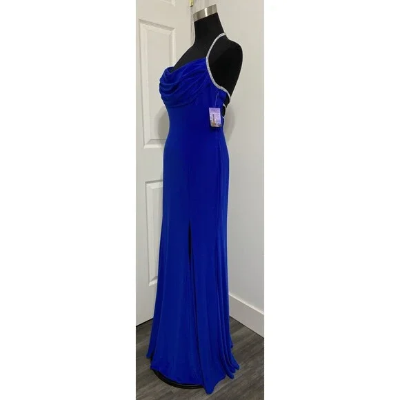 Morgan Co Y2k 90s Prom HOCO Gown Dress Blue Halter Strappy Cage Back Rhinestone - Picture 3 of 10